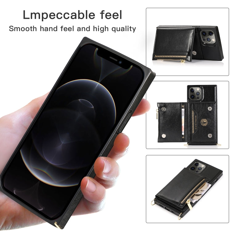 For iPhone 12 Pro Max Square Zipper Wallet Bag TPU+PU Back Cover Case with Holder & Card Slots & Wallet & Cross-body Strap
