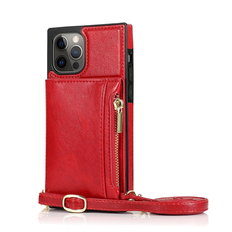 For iPhone 12 Pro Max Square Zipper Wallet Bag TPU+PU Back Cover Case with Holder & Card Slots & Wallet & Cross-body Strap