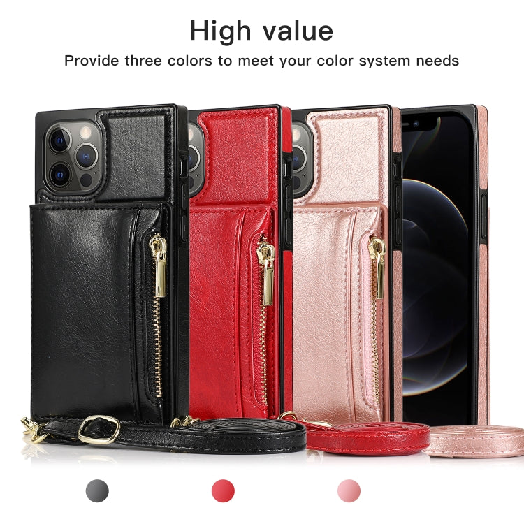 For iPhone 12 Pro Max Square Zipper Wallet Bag TPU+PU Back Cover Case with Holder & Card Slots & Wallet & Cross-body Strap