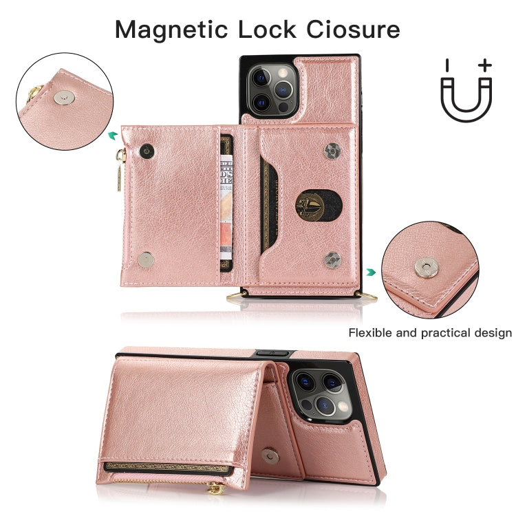 For iPhone 12 Pro Max Square Zipper Wallet Bag TPU+PU Back Cover Case with Holder & Card Slots & Wallet & Cross-body Strap