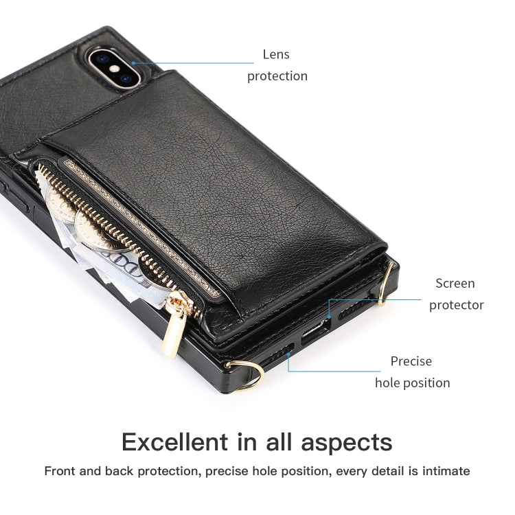 For iPhone X / XS Square Zipper Wallet Bag TPU+PU Back Cover Case with Holder & Card Slots & Wallet & Cross-body Strap