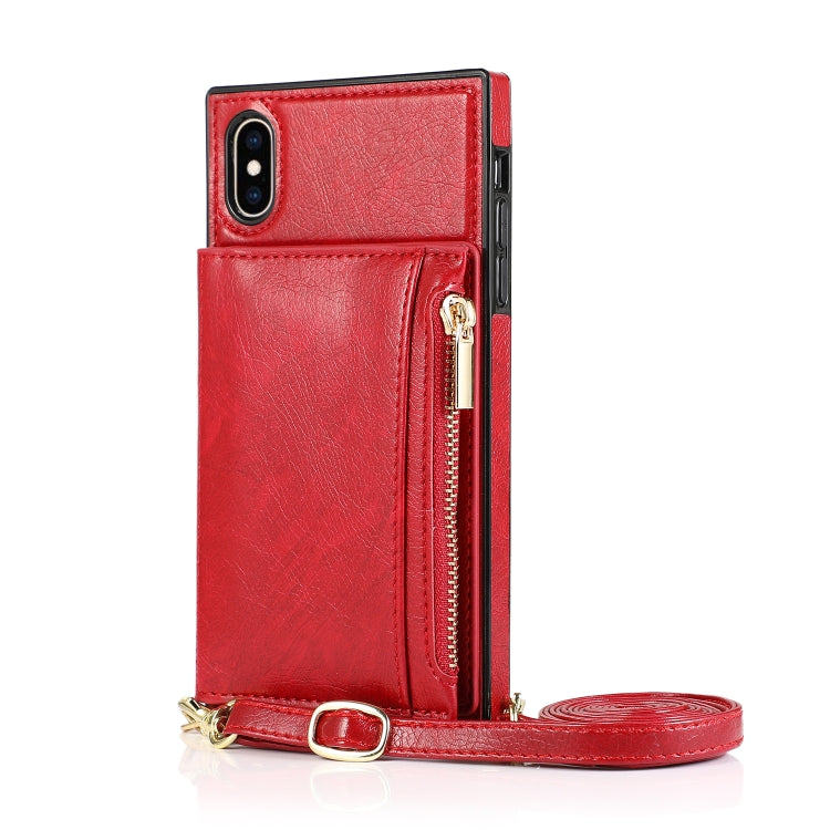 For iPhone X / XS Square Zipper Wallet Bag TPU+PU Back Cover Case with Holder & Card Slots & Wallet & Cross-body Strap