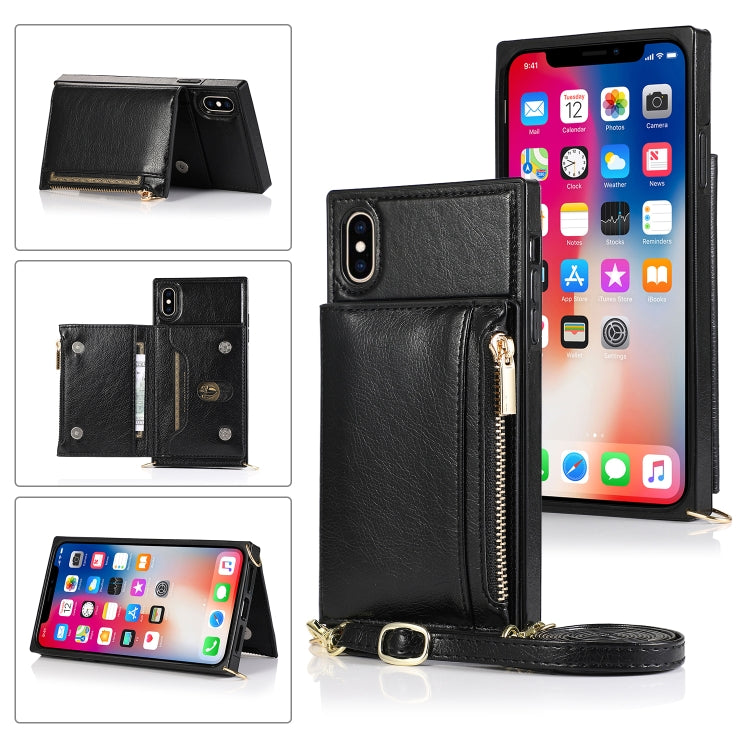 For iPhone XS Max Square Zipper Wallet Bag TPU+PU Back Cover Case with Holder & Card Slots & Wallet & Cross-body Strap