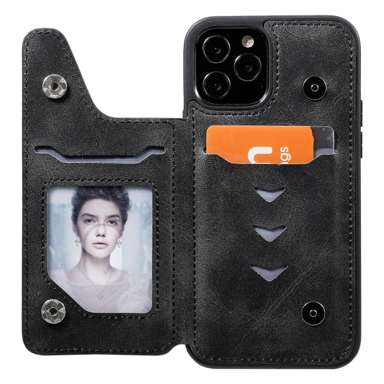 For iPhone 12 / 12 Pro Shockproof Calf Texture Protective Case with Holder & Card Slots & Frame