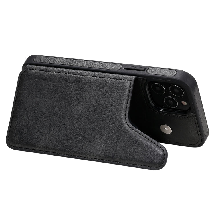 For iPhone 12 / 12 Pro Shockproof Calf Texture Protective Case with Holder & Card Slots & Frame