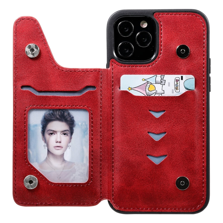 For iPhone 12 / 12 Pro Shockproof Calf Texture Protective Case with Holder & Card Slots & Frame