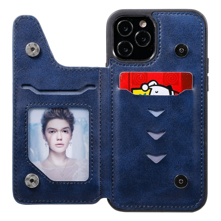For iPhone 12 / 12 Pro Shockproof Calf Texture Protective Case with Holder & Card Slots & Frame