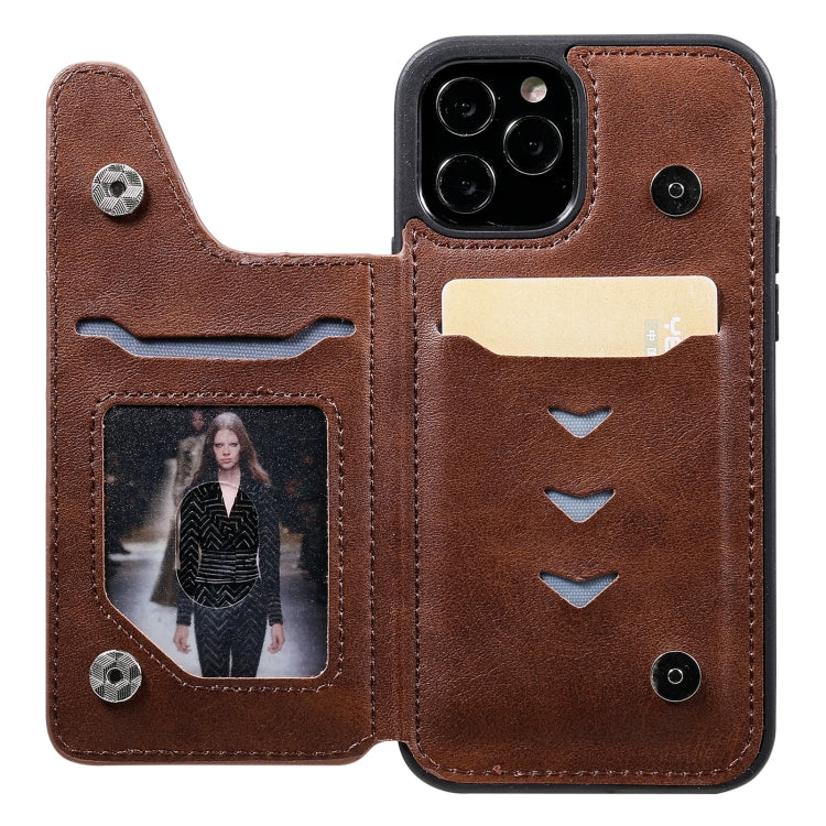 For iPhone 12 / 12 Pro Shockproof Calf Texture Protective Case with Holder & Card Slots & Frame