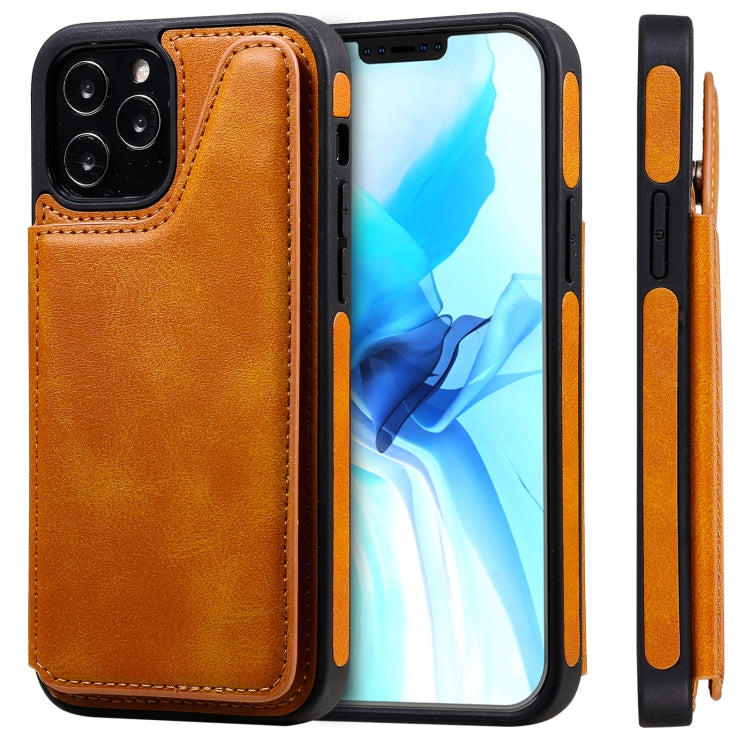 For iPhone 12 / 12 Pro Shockproof Calf Texture Protective Case with Holder & Card Slots & Frame