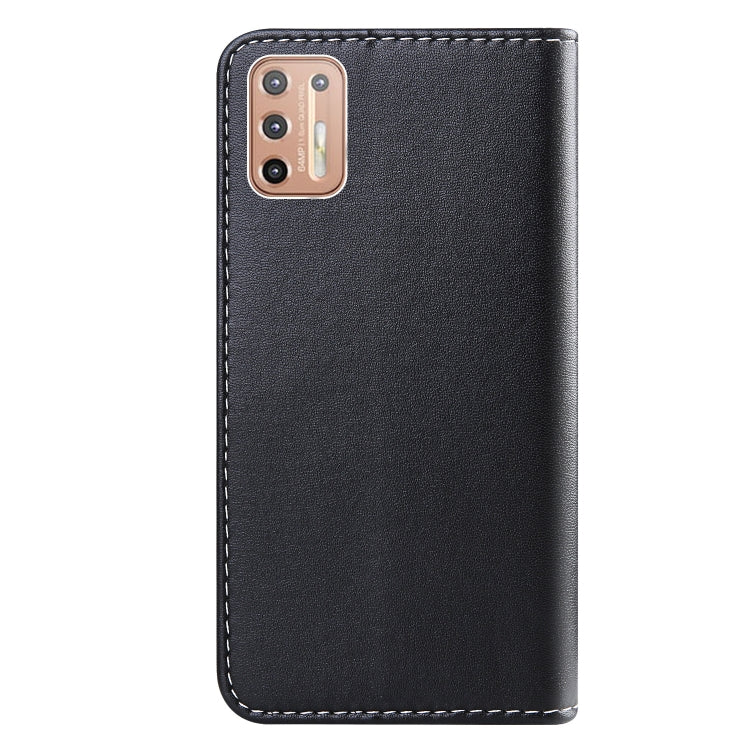 For Motorola Moto G9 Plus Tricolor Stitching Horizontal Flip TPU + PU Leather Case with Holder & Card Slots & Wallet