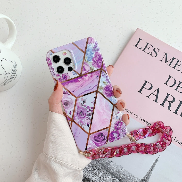 For iPhone 12 Pro Max Splicing Flower Pattern TPU Protective Case with Chain Strap