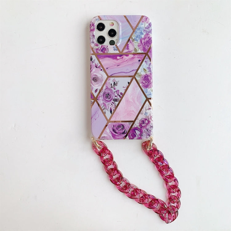 For iPhone 12 Pro Max Splicing Flower Pattern TPU Protective Case with Chain Strap