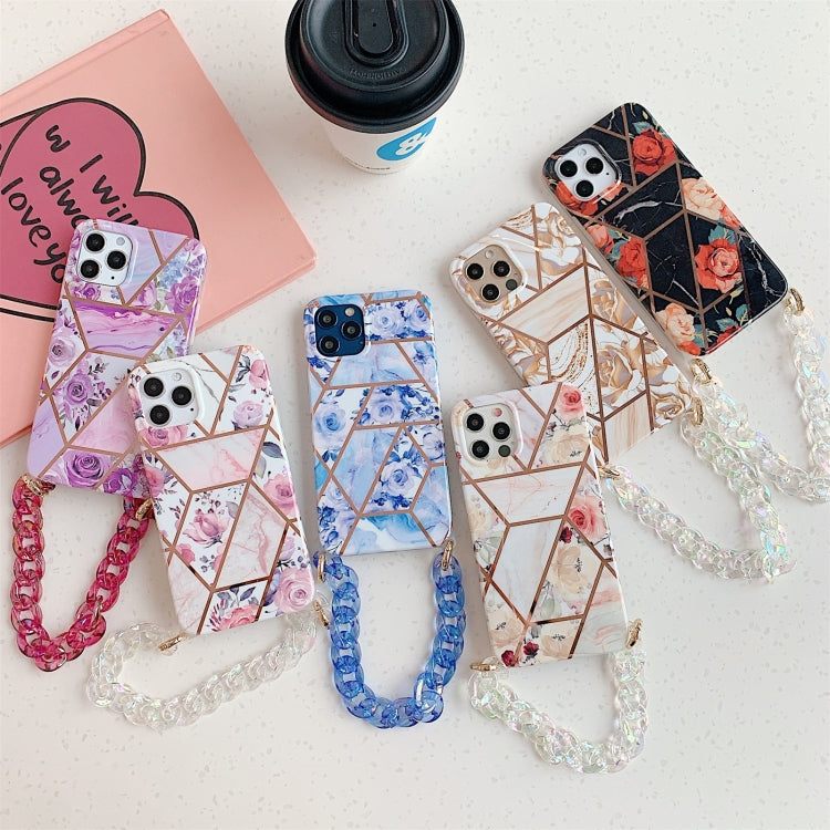 For iPhone 12 Pro Max Splicing Flower Pattern TPU Protective Case with Chain Strap