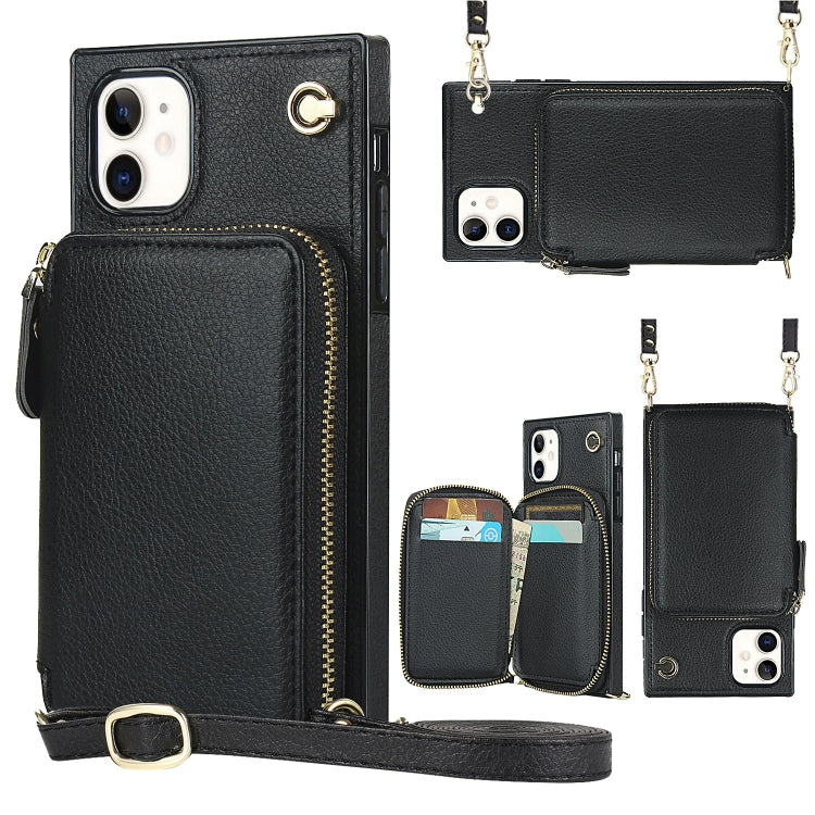 For iPhone 11 Cross-body Zipper Big Wallet Bag Square TPU+PU Back Cover Case with Holder & Card Slots & Wallet & Strap
