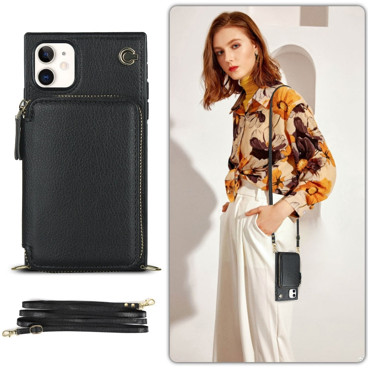 For iPhone 11 Cross-body Zipper Big Wallet Bag Square TPU+PU Back Cover Case with Holder & Card Slots & Wallet & Strap