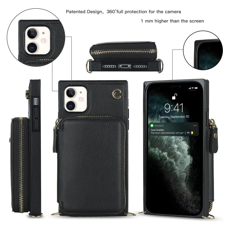 For iPhone 11 Cross-body Zipper Big Wallet Bag Square TPU+PU Back Cover Case with Holder & Card Slots & Wallet & Strap