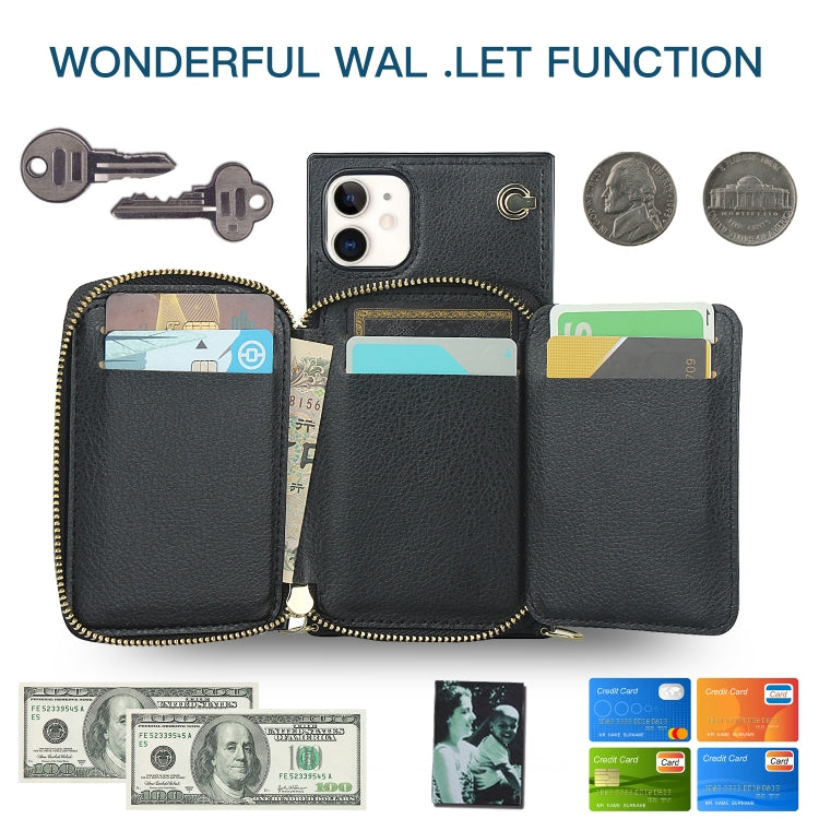 For iPhone 11 Cross-body Zipper Big Wallet Bag Square TPU+PU Back Cover Case with Holder & Card Slots & Wallet & Strap