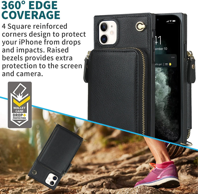 For iPhone 11 Cross-body Zipper Big Wallet Bag Square TPU+PU Back Cover Case with Holder & Card Slots & Wallet & Strap