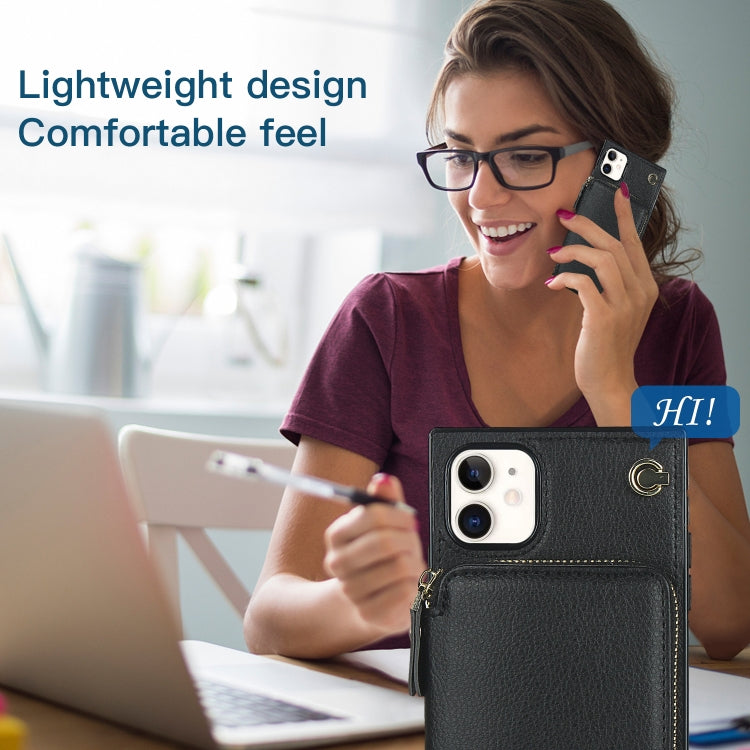 For iPhone 11 Cross-body Zipper Big Wallet Bag Square TPU+PU Back Cover Case with Holder & Card Slots & Wallet & Strap