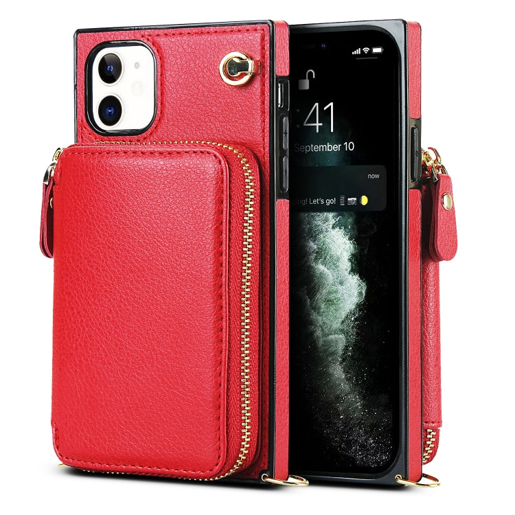 For iPhone 11 Cross-body Zipper Big Wallet Bag Square TPU+PU Back Cover Case with Holder & Card Slots & Wallet & Strap