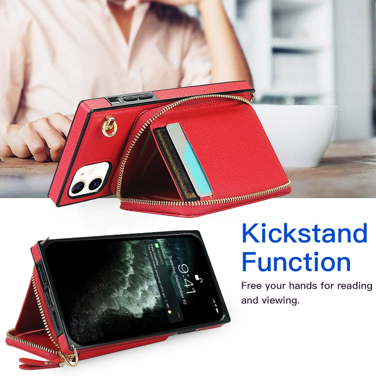 For iPhone 11 Cross-body Zipper Big Wallet Bag Square TPU+PU Back Cover Case with Holder & Card Slots & Wallet & Strap
