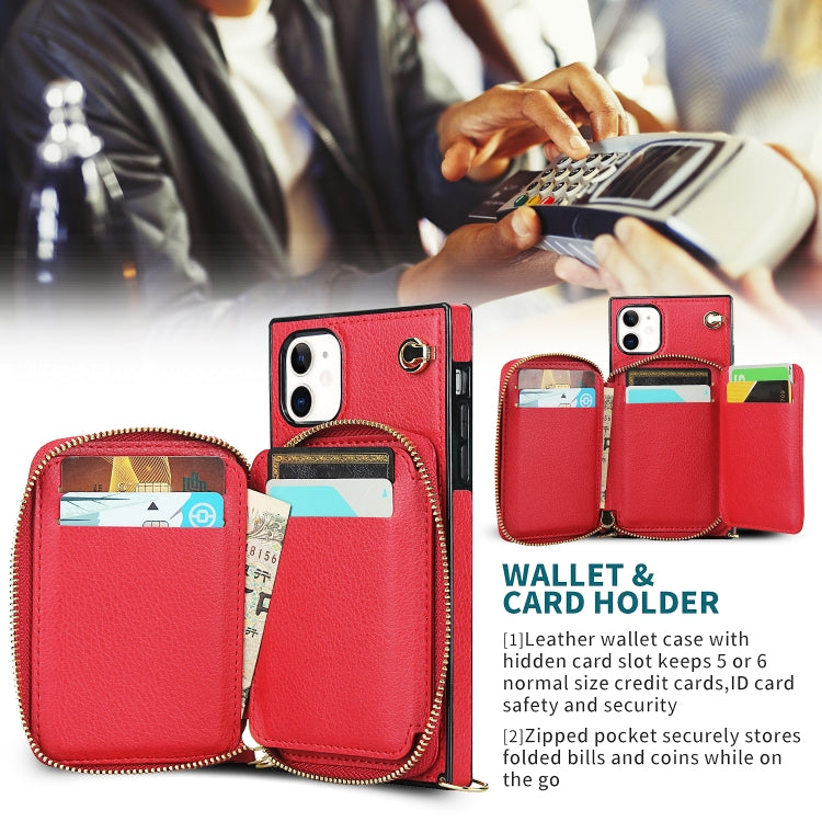 For iPhone 11 Cross-body Zipper Big Wallet Bag Square TPU+PU Back Cover Case with Holder & Card Slots & Wallet & Strap