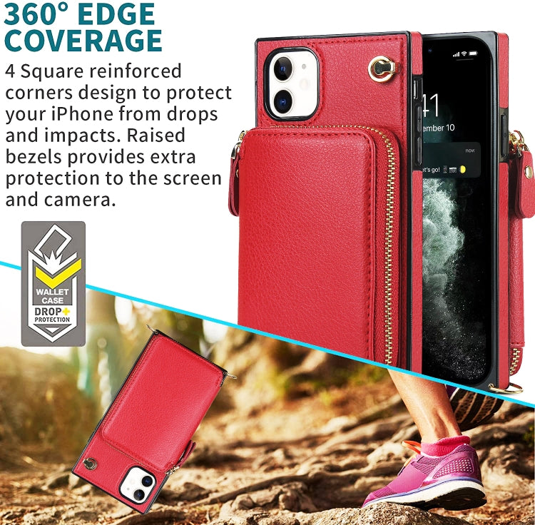 For iPhone 11 Cross-body Zipper Big Wallet Bag Square TPU+PU Back Cover Case with Holder & Card Slots & Wallet & Strap