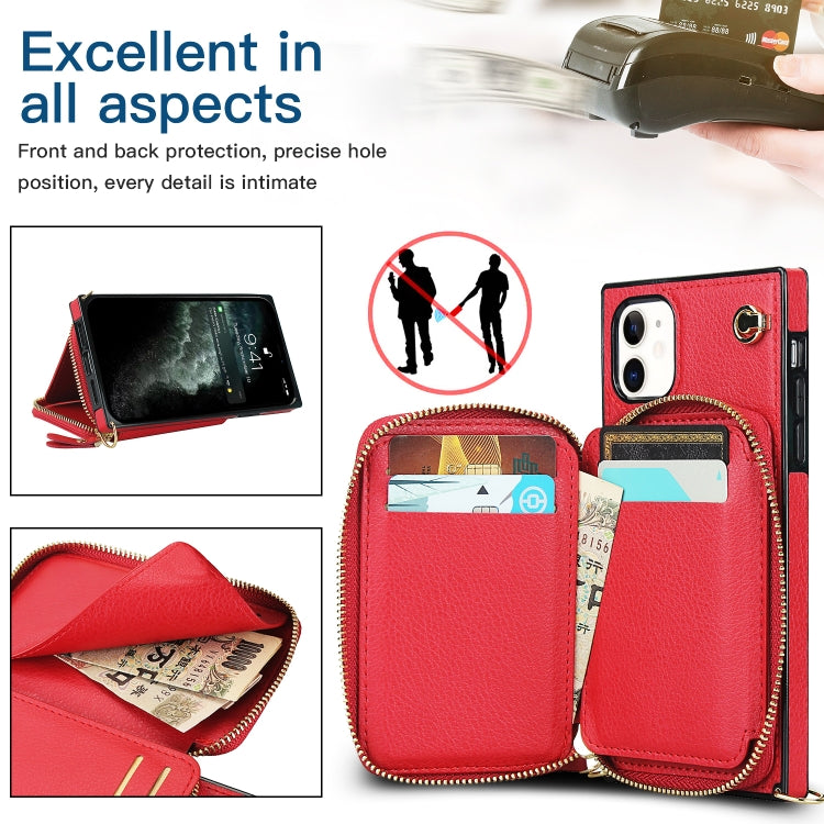 For iPhone 11 Cross-body Zipper Big Wallet Bag Square TPU+PU Back Cover Case with Holder & Card Slots & Wallet & Strap
