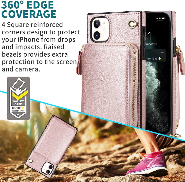 For iPhone 11 Cross-body Zipper Big Wallet Bag Square TPU+PU Back Cover Case with Holder & Card Slots & Wallet & Strap