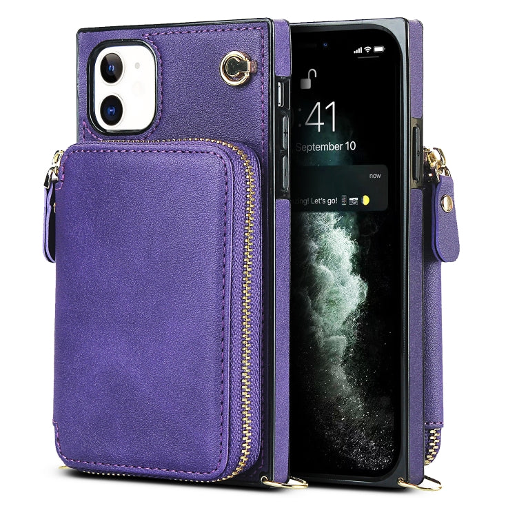 For iPhone 11 Cross-body Zipper Big Wallet Bag Square TPU+PU Back Cover Case with Holder & Card Slots & Wallet & Strap