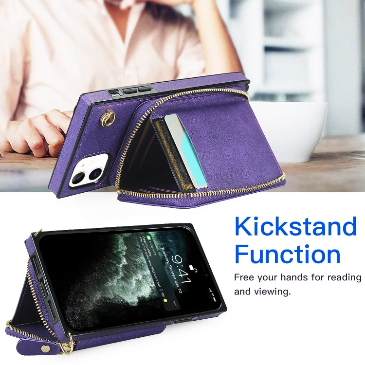 For iPhone 11 Cross-body Zipper Big Wallet Bag Square TPU+PU Back Cover Case with Holder & Card Slots & Wallet & Strap