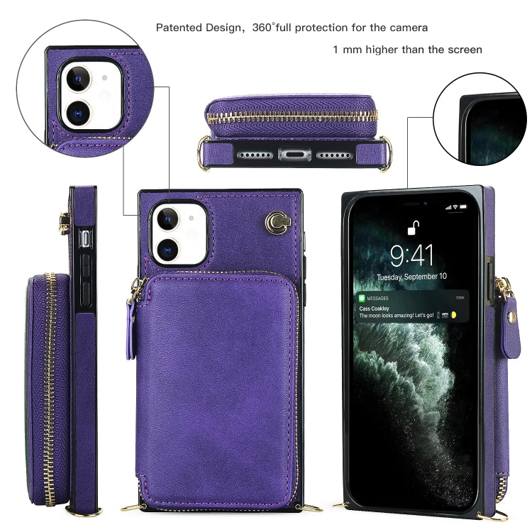For iPhone 11 Cross-body Zipper Big Wallet Bag Square TPU+PU Back Cover Case with Holder & Card Slots & Wallet & Strap