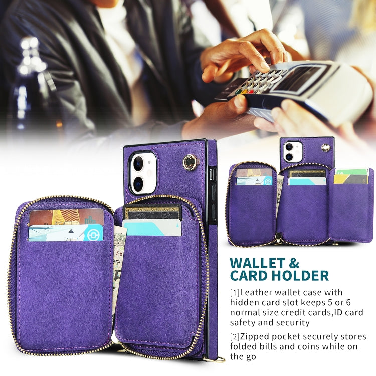 For iPhone 11 Cross-body Zipper Big Wallet Bag Square TPU+PU Back Cover Case with Holder & Card Slots & Wallet & Strap