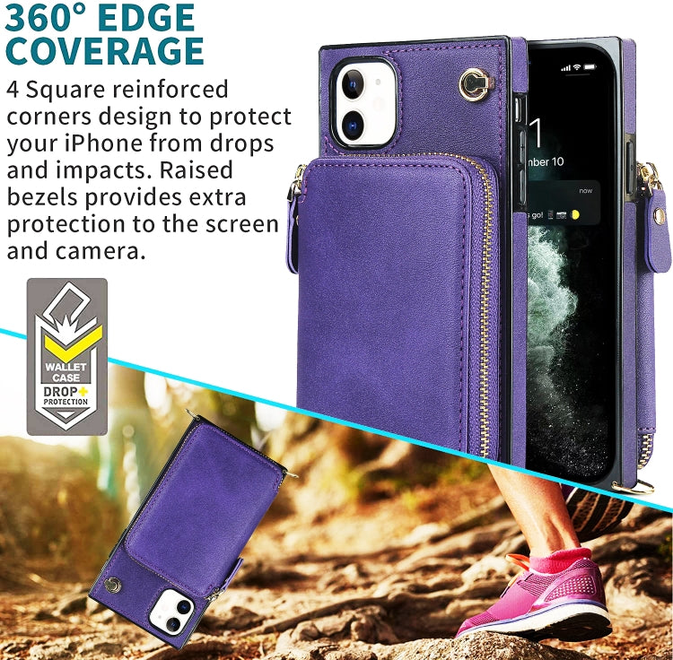 For iPhone 11 Cross-body Zipper Big Wallet Bag Square TPU+PU Back Cover Case with Holder & Card Slots & Wallet & Strap