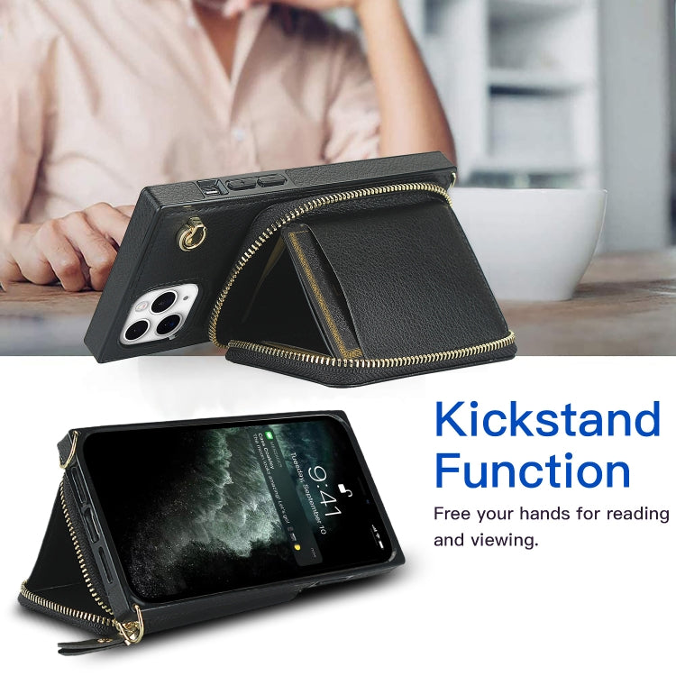For iPhone 11 Pro Cross-body Zipper Big Wallet Bag Square TPU+PU Back Cover Case with Holder & Card Slots & Wallet & Strap