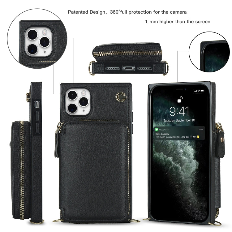 For iPhone 11 Pro Cross-body Zipper Big Wallet Bag Square TPU+PU Back Cover Case with Holder & Card Slots & Wallet & Strap