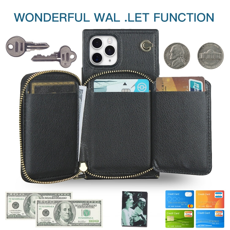 For iPhone 11 Pro Cross-body Zipper Big Wallet Bag Square TPU+PU Back Cover Case with Holder & Card Slots & Wallet & Strap
