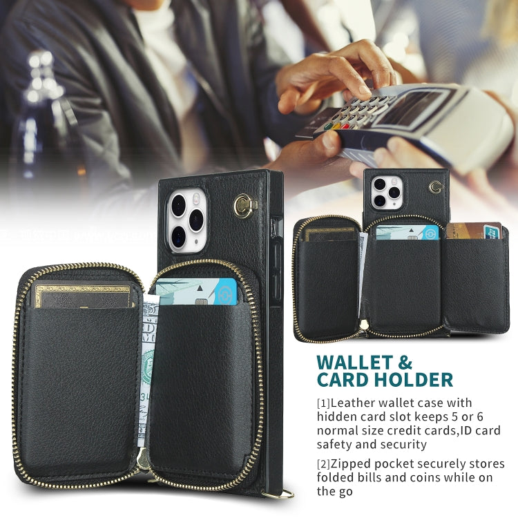 For iPhone 11 Pro Cross-body Zipper Big Wallet Bag Square TPU+PU Back Cover Case with Holder & Card Slots & Wallet & Strap