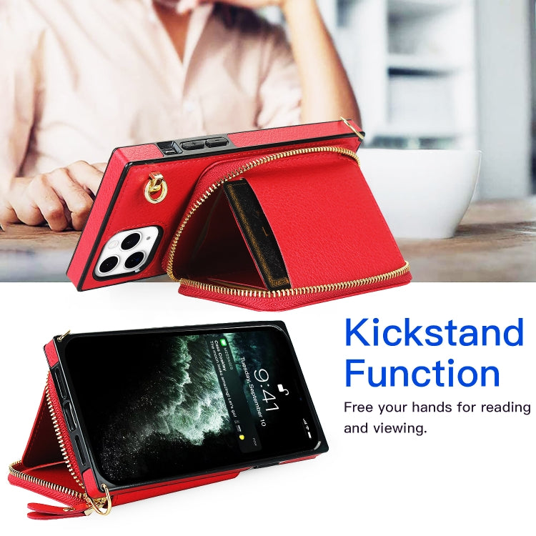 For iPhone 11 Pro Cross-body Zipper Big Wallet Bag Square TPU+PU Back Cover Case with Holder & Card Slots & Wallet & Strap