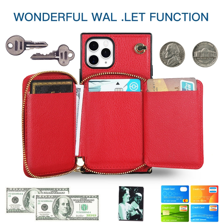 For iPhone 11 Pro Cross-body Zipper Big Wallet Bag Square TPU+PU Back Cover Case with Holder & Card Slots & Wallet & Strap