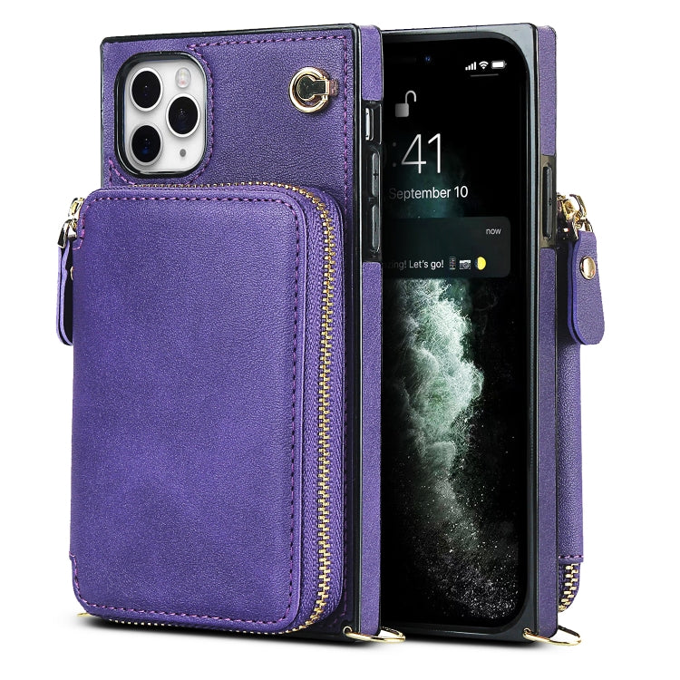 For iPhone 11 Pro Cross-body Zipper Big Wallet Bag Square TPU+PU Back Cover Case with Holder & Card Slots & Wallet & Strap