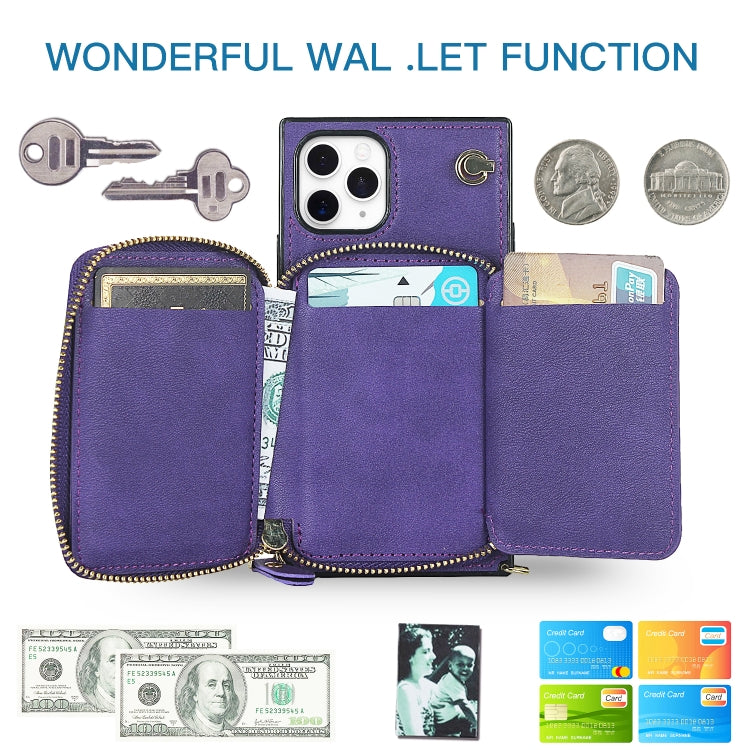 For iPhone 11 Pro Cross-body Zipper Big Wallet Bag Square TPU+PU Back Cover Case with Holder & Card Slots & Wallet & Strap