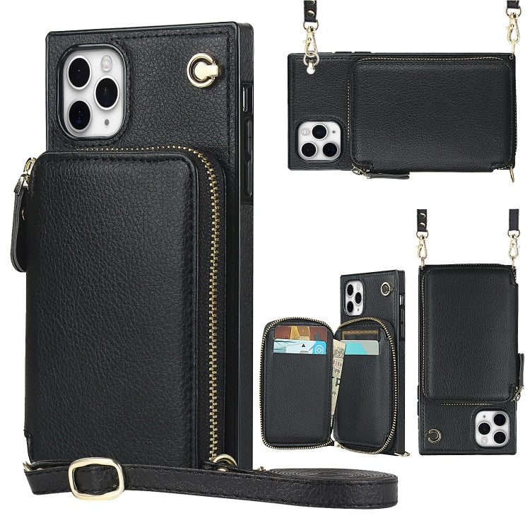 For iPhone 11 Pro Max Cross-body Zipper Big Wallet Bag Square TPU+PU Back Cover Case with Holder & Card Slots & Wallet & Strap