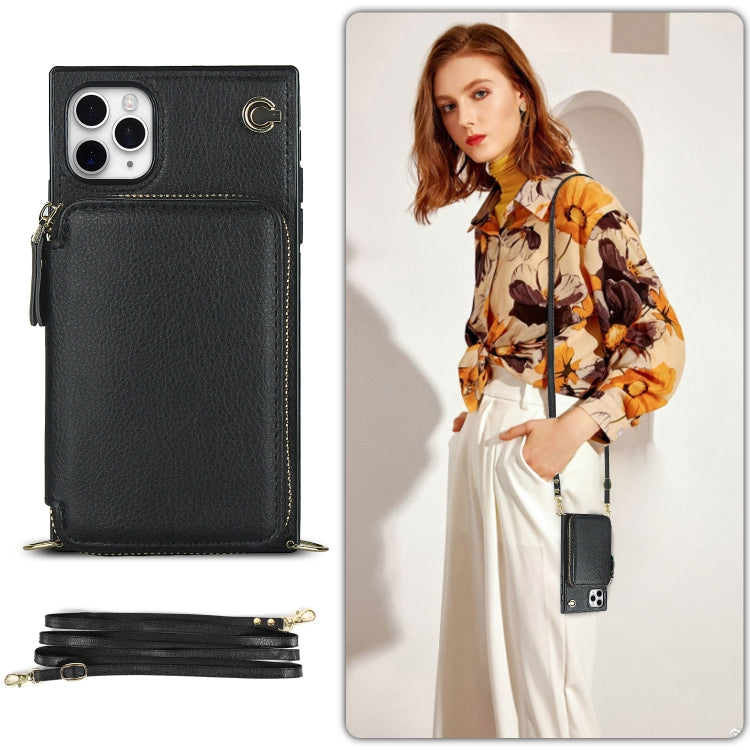 For iPhone 11 Pro Max Cross-body Zipper Big Wallet Bag Square TPU+PU Back Cover Case with Holder & Card Slots & Wallet & Strap