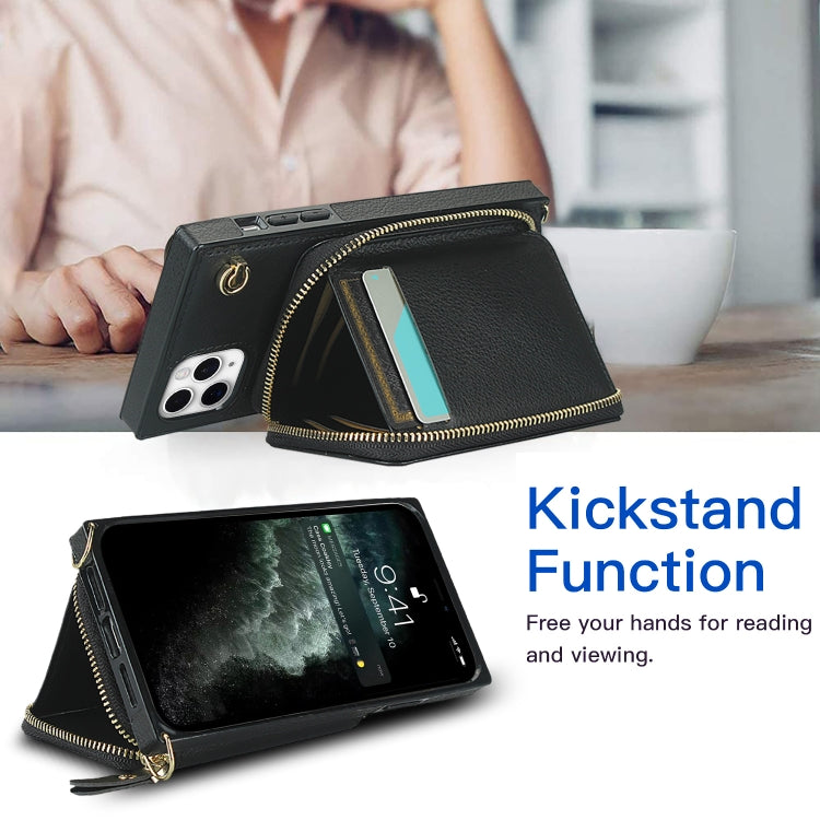 For iPhone 11 Pro Max Cross-body Zipper Big Wallet Bag Square TPU+PU Back Cover Case with Holder & Card Slots & Wallet & Strap