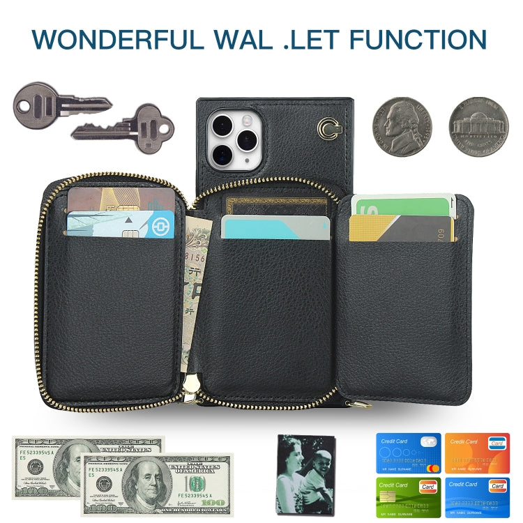 For iPhone 11 Pro Max Cross-body Zipper Big Wallet Bag Square TPU+PU Back Cover Case with Holder & Card Slots & Wallet & Strap