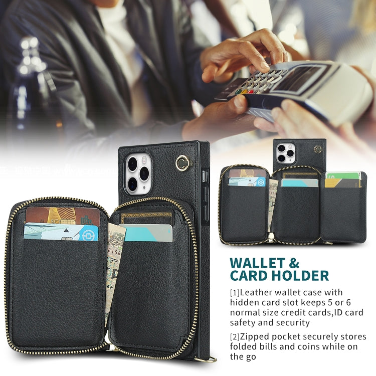 For iPhone 11 Pro Max Cross-body Zipper Big Wallet Bag Square TPU+PU Back Cover Case with Holder & Card Slots & Wallet & Strap
