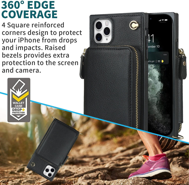 For iPhone 11 Pro Max Cross-body Zipper Big Wallet Bag Square TPU+PU Back Cover Case with Holder & Card Slots & Wallet & Strap