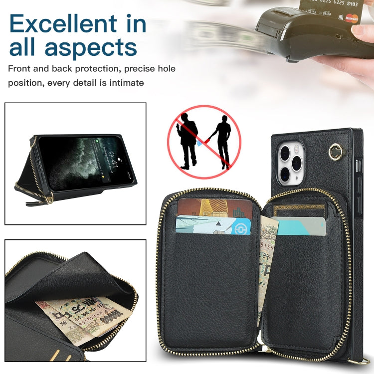 For iPhone 11 Pro Max Cross-body Zipper Big Wallet Bag Square TPU+PU Back Cover Case with Holder & Card Slots & Wallet & Strap