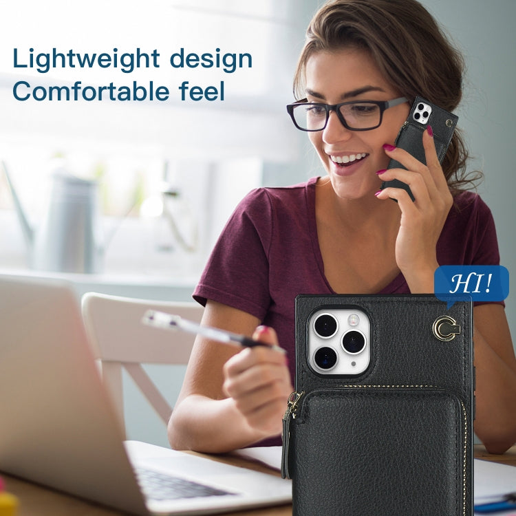 For iPhone 11 Pro Max Cross-body Zipper Big Wallet Bag Square TPU+PU Back Cover Case with Holder & Card Slots & Wallet & Strap